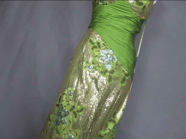 Vintage Avocado-Grün Gold Pailletten Spaghettiträger Plissiert Langes Ballkleid Abendkleid P4717