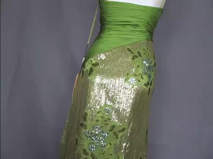 Vintage Avocado-Grün Gold Pailletten Spaghettiträger Plissiert Langes Ballkleid Abendkleid P4717