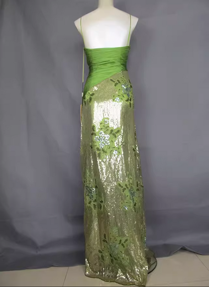Vintage Avocado-Grün Gold Pailletten Spaghettiträger Plissiert Langes Ballkleid Abendkleid P4717