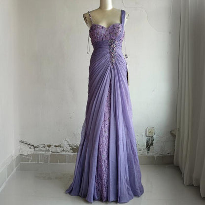 Elegantes lila Sweetheart Perlen-Spitze Falten Tüll langes Ballkleid Abendkleid P4718