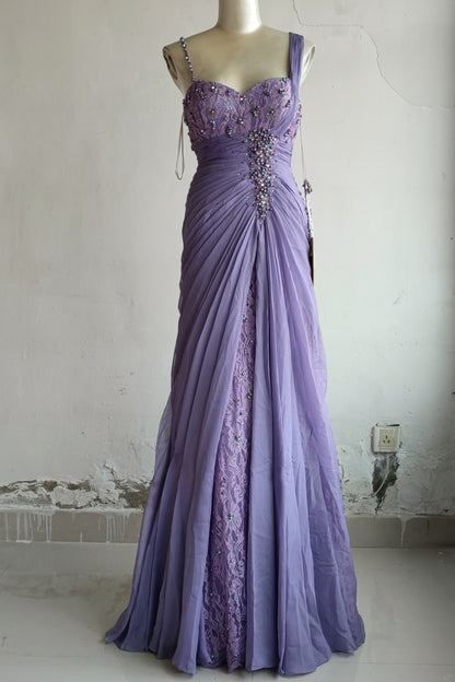 Elegantes lila Sweetheart Perlen-Spitze Falten Tüll langes Ballkleid Abendkleid P4718