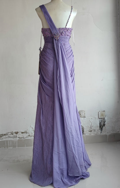 Elegantes lila Sweetheart Perlen-Spitze Falten Tüll langes Ballkleid Abendkleid P4718
