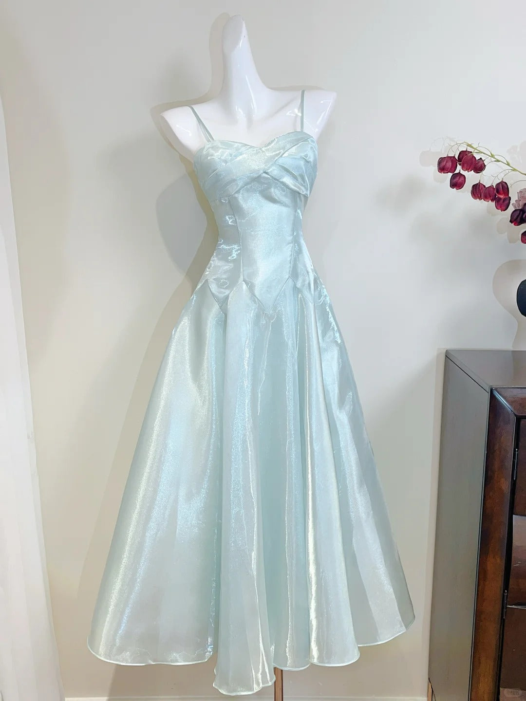 Elegant Mint Green A-line Strappy Satin Prom Dress Evening Dress P4072
