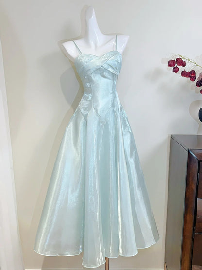 Elegantes minzgrünes A-Linien-Träger-Satin-Ballkleid Abendkleid P4072