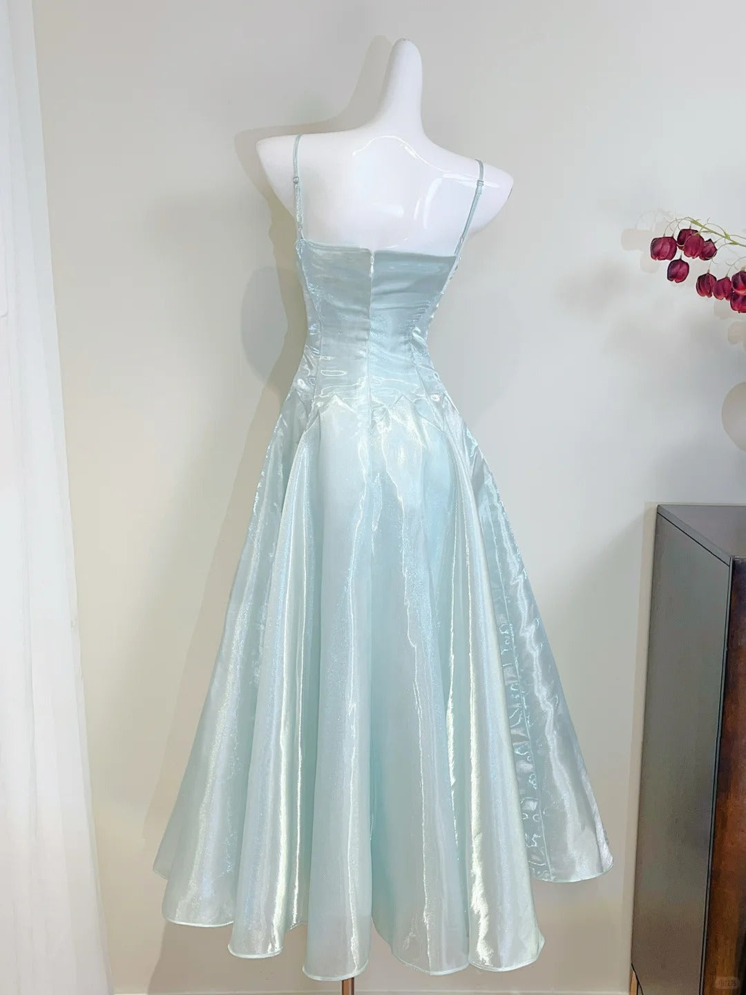 Elegant Mint Green A-line Strappy Satin Prom Dress Evening Dress P4072