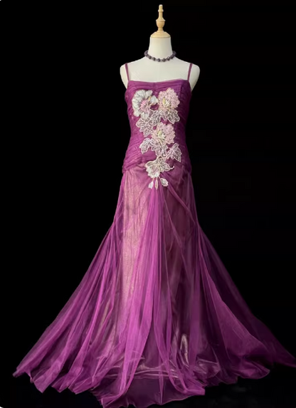 Elegantes magentarotes Spaghettiträger-Kleid mit eckigem Ausschnitt, Meerjungfrau-Silhouette, besticktem Chiffon-Rockteil und Schleppe, Ballkleid Abendkleid P4721