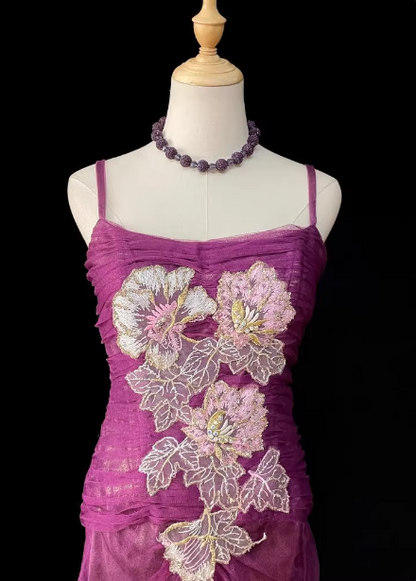 Elegantes magentarotes Spaghettiträger-Kleid mit eckigem Ausschnitt, Meerjungfrau-Silhouette, besticktem Chiffon-Rockteil und Schleppe, Ballkleid Abendkleid P4721
