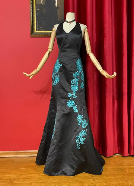 Robe de bal longue en satin brodé sirène col licou en V noir vintage Robe de soirée P4722