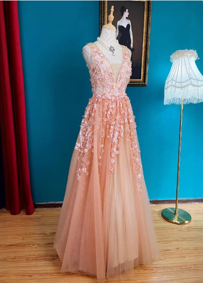 Süßes rosa V-Ausschnitt A-Linien 3D-Blumen Tüll Langes Ballkleid Abendkleid P4727