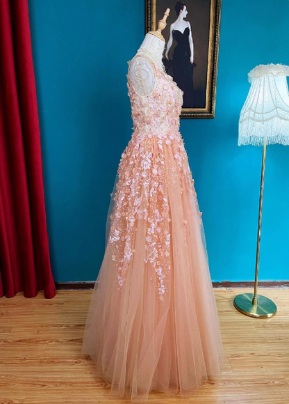 Süßes rosa V-Ausschnitt A-Linien 3D-Blumen Tüll Langes Ballkleid Abendkleid P4727