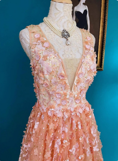 Süßes rosa V-Ausschnitt A-Linien 3D-Blumen Tüll Langes Ballkleid Abendkleid P4727