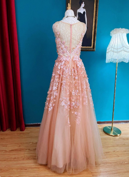 Süßes rosa V-Ausschnitt A-Linien 3D-Blumen Tüll Langes Ballkleid Abendkleid P4727
