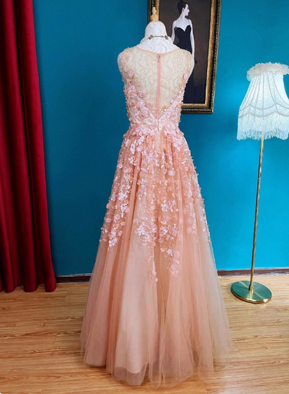 Süßes rosa V-Ausschnitt A-Linien 3D-Blumen Tüll Langes Ballkleid Abendkleid P4727