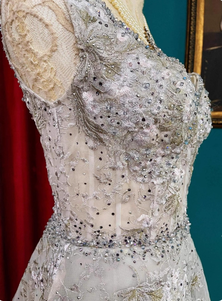 Elegantes graues V-Ausschnitt A-Linien-Ballkleid aus Tüll mit Strass-Spitzenstickerei Abendkleid P4728