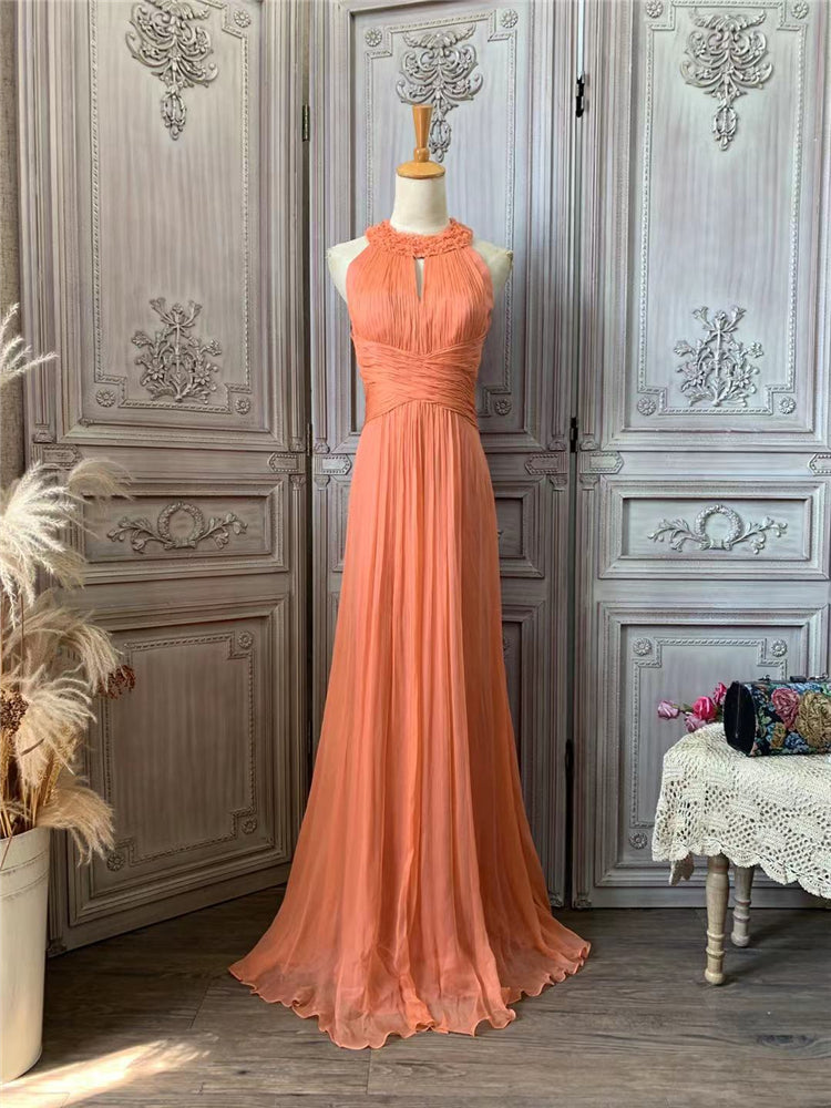 Klassisches korallfarbenes, orangefarbenes Neckholder-A-Linien-Kleid mit überkreuztem Taillenbereich und Falten aus Chiffon – langes Ballkleid Abendkleid P4729