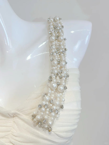 Élégante Robe de Bal Longue Sirène Asymétrique en Satin Ivoire avec Perles et Strass Robe de Soirée Robe de Demoiselle d'honneur P4073