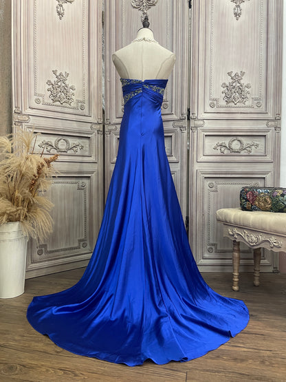 Elegantes königsblaues Sweetheart-Kleid mit Schleppe, Perlen und Satin für Abschlussball und Abend P4730