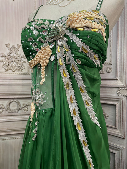 Wunderschönes grünes Spaghettiträger-Kleid aus Chiffon mit Strasssteinen und Schleppe für den Abschlussball/Abend P4733