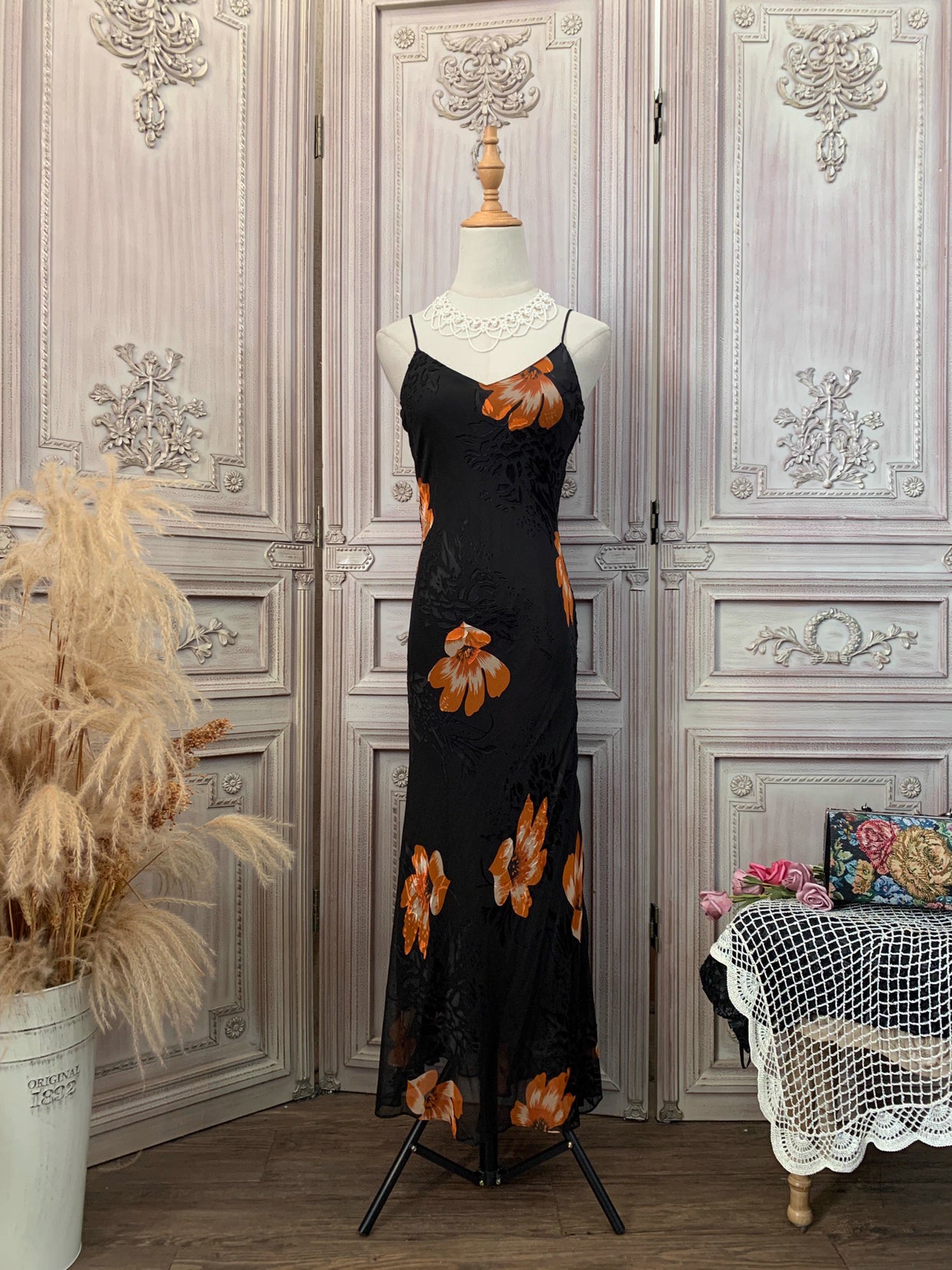 Vintage elegantes bedrucktes Spaghettiträger-V-Ausschnitt Chiffon langes Ballkleid Abendkleid P4734