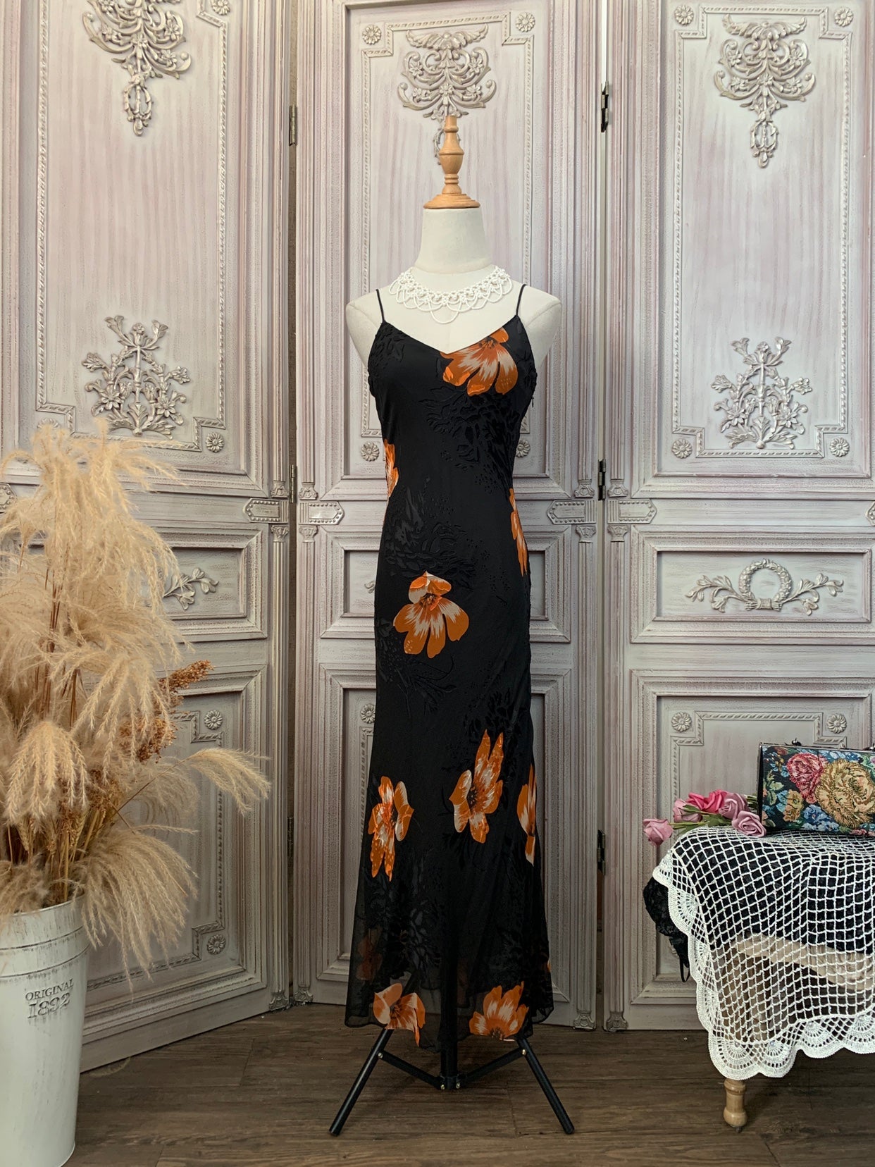 Vintage elegantes bedrucktes Spaghettiträger-V-Ausschnitt Chiffon langes Ballkleid Abendkleid P4734