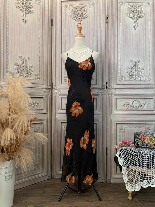 Robe de soirée longue en mousseline de soie élégante et vintage à imprimé, bretelles spaghetti et col en V P4734
