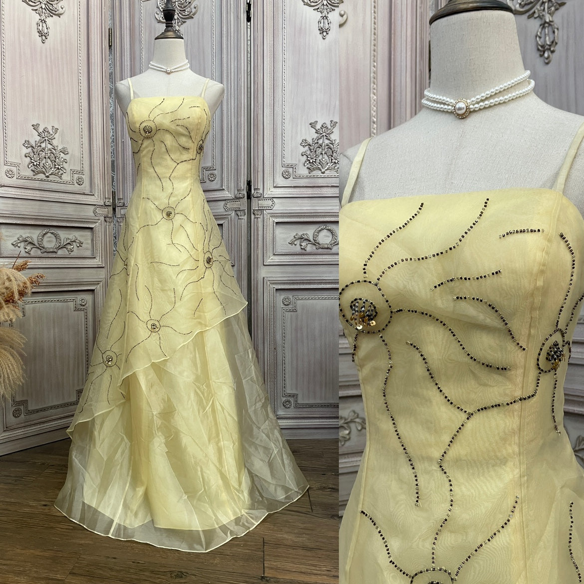 Süßes, blassgelbes, schulterfreies Spaghetti-Träger-A-Linien-Ballkleid aus Organza mit eckigem Ausschnitt, Perlenstickerei, langes Abendkleid P4735
