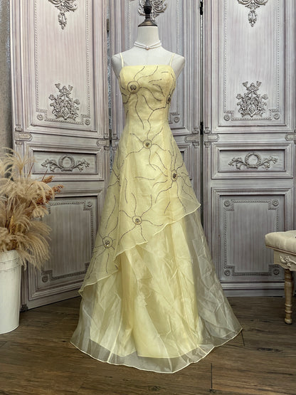 Cute Pale Yellow Spaghetti Strap Square Neck A-Line Beaded Organza Lon PreppyDress Cute Pale Yellow Spaghetti Strap Square Neck A-Line Beaded Organza Lon PreppyDress