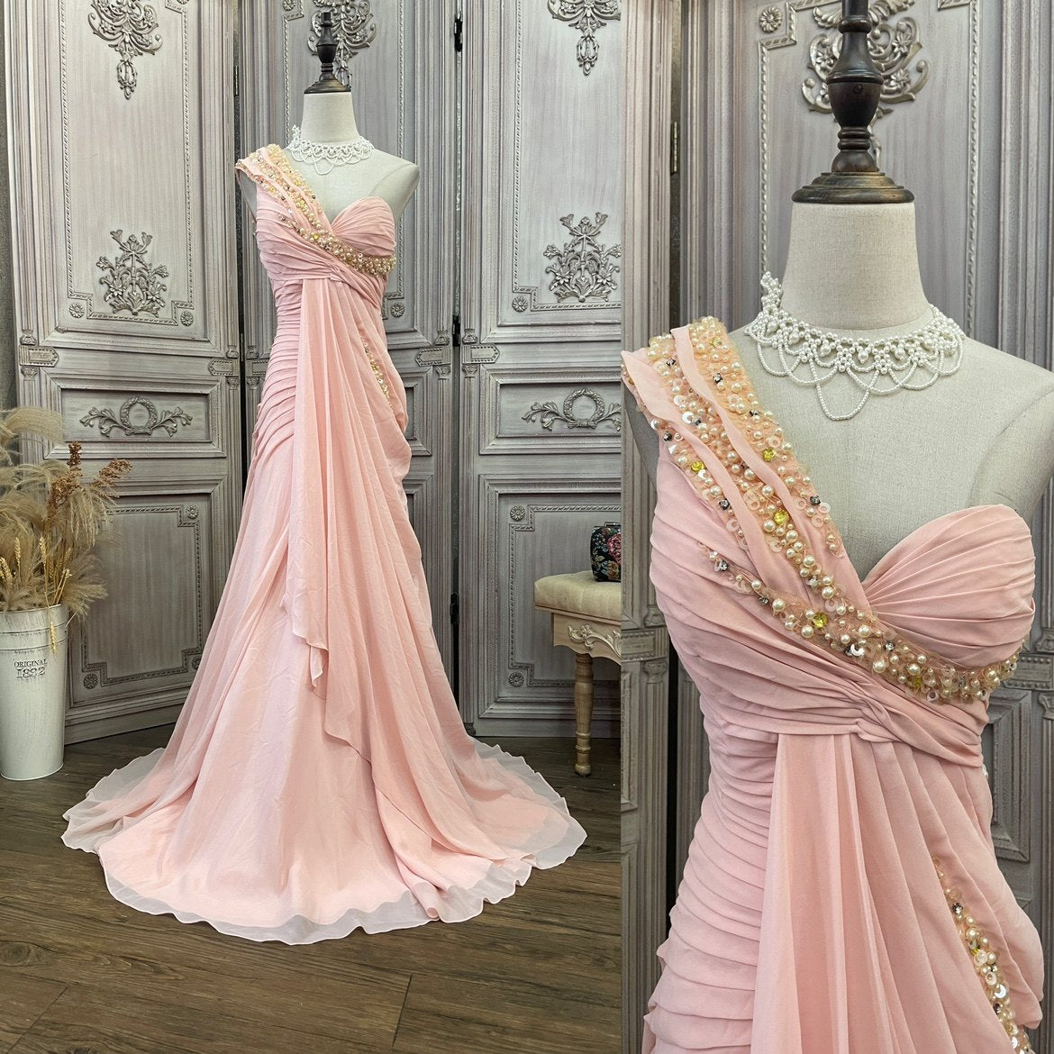 Elegantes pinkes One-Shoulder Perlen Twist gerafftes Chiffon Schleppen Ballkleid Abendkleid P4736