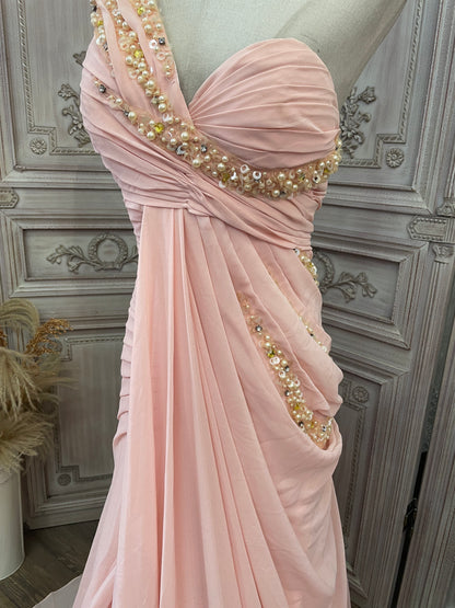 Elegantes pinkes One-Shoulder Perlen Twist gerafftes Chiffon Schleppen Ballkleid Abendkleid P4736