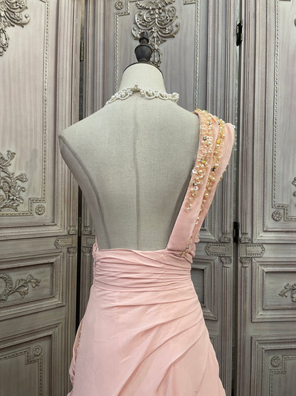 Elegantes pinkes One-Shoulder Perlen Twist gerafftes Chiffon Schleppen Ballkleid Abendkleid P4736
