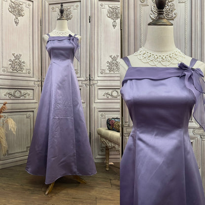 Elegantes hellviolettes Spaghetti-Trägerkleid mit eckigem Ausschnitt, A-Linie, aus Satin, langes Ballkleid, Abendkleid P4737