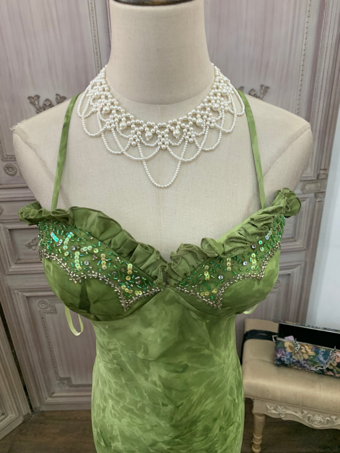Vintage Grünes Meerjungfrau Spaghetti-Träger Pailletten Perlenbesetztes Mehrlagiges Tüll Langes Ballkleid Abendkleid P4738