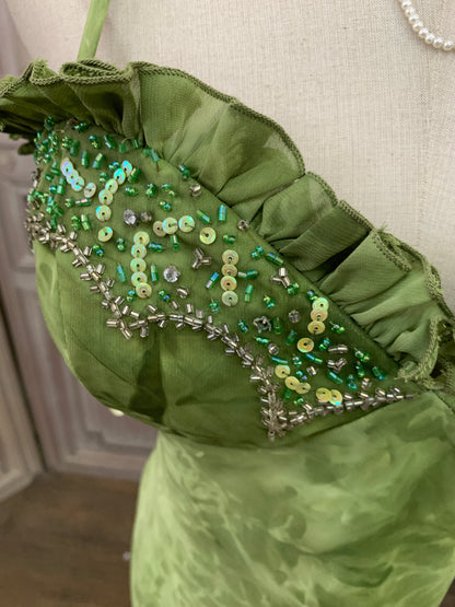 Vintage Grünes Meerjungfrau Spaghetti-Träger Pailletten Perlenbesetztes Mehrlagiges Tüll Langes Ballkleid Abendkleid P4738