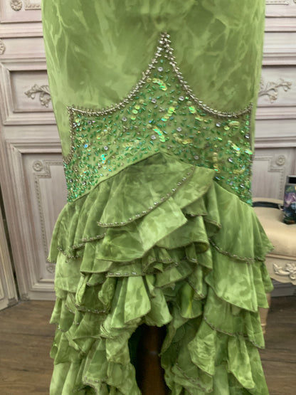 Vintage Grünes Meerjungfrau Spaghetti-Träger Pailletten Perlenbesetztes Mehrlagiges Tüll Langes Ballkleid Abendkleid P4738