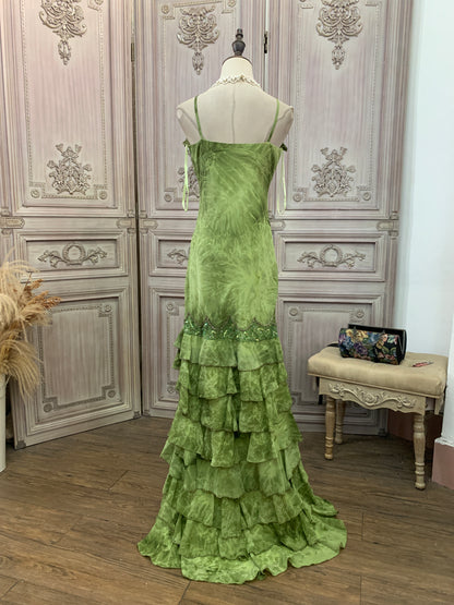 Vintage Grünes Meerjungfrau Spaghetti-Träger Pailletten Perlenbesetztes Mehrlagiges Tüll Langes Ballkleid Abendkleid P4738