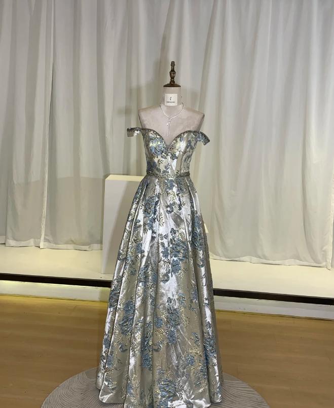 Vintage Luxus Silberblau Jacquard schulterfreies Satin langes Ballkleid Abendkleid P4740