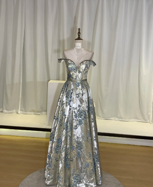 Robe de bal longue en satin jacquard bleu argenté de luxe vintage avec épaules dénudées Robe de soirée P4740