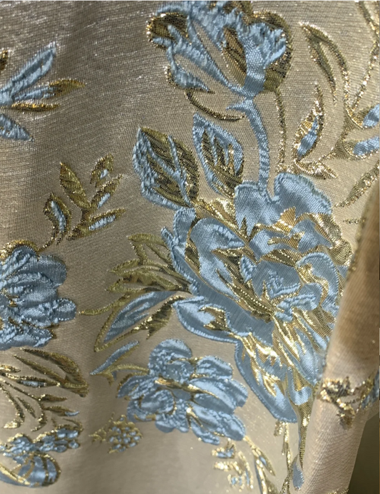 Robe de bal longue en satin jacquard bleu argenté de luxe vintage avec épaules dénudées Robe de soirée P4740