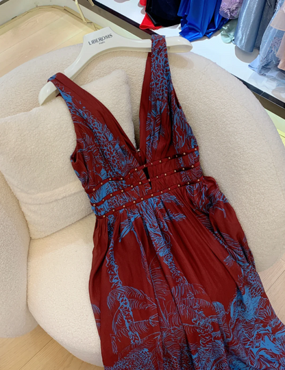 Vintage burgunderrotes Abendkleid aus Chiffon mit V-Ausschnitt, ärmellos, mit Kontrastdruck in Blau, P4741