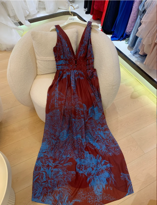 Vintage burgunderrotes Abendkleid aus Chiffon mit V-Ausschnitt, ärmellos, mit Kontrastdruck in Blau, P4741