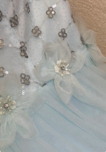 Verträumtes hellblaues Pailletten-Perlen-Tüll-Abendkleid mit V-Ausschnitt P4742