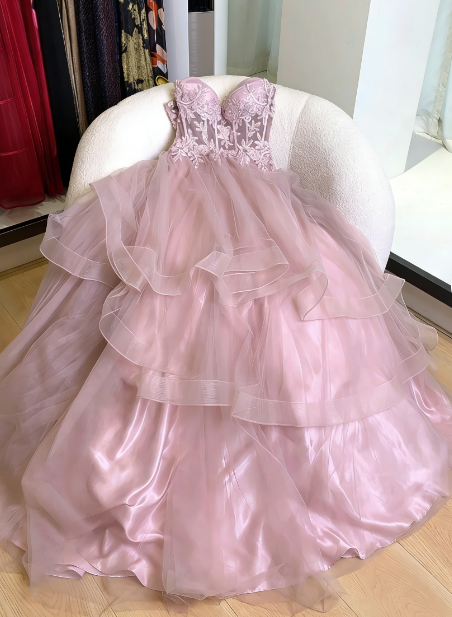 Verträumtes Prinzessin Rosa A-Linien Besticktes, mehrlagiges Tüll Langes Ballkleid Geburtstagsfestkleid P4743