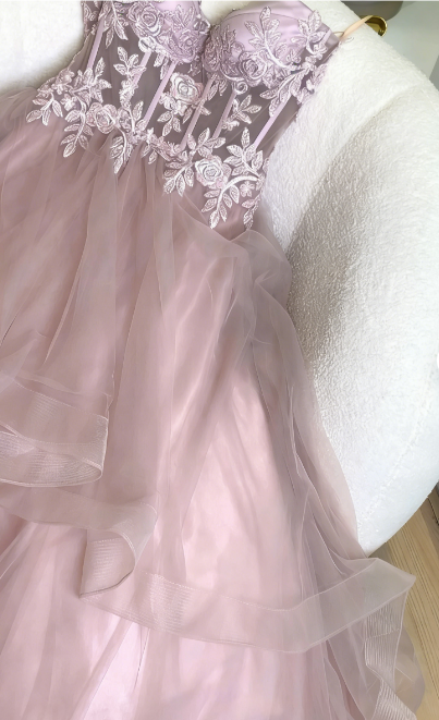 Verträumtes Prinzessin Rosa A-Linien Besticktes, mehrlagiges Tüll Langes Ballkleid Geburtstagsfestkleid P4743