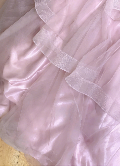 Verträumtes Prinzessin Rosa A-Linien Besticktes, mehrlagiges Tüll Langes Ballkleid Geburtstagsfestkleid P4743