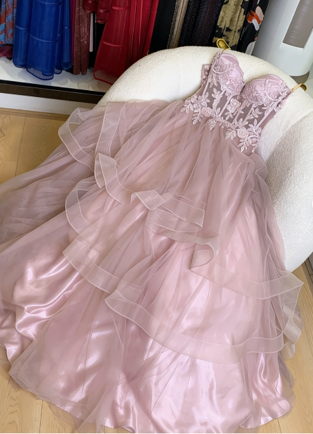Verträumtes Prinzessin Rosa A-Linien Besticktes, mehrlagiges Tüll Langes Ballkleid Geburtstagsfestkleid P4743