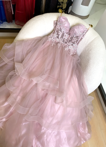 Verträumtes Prinzessin Rosa A-Linien Besticktes, mehrlagiges Tüll Langes Ballkleid Geburtstagsfestkleid P4743