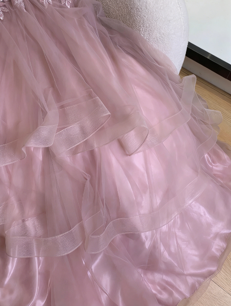 Verträumtes Prinzessin Rosa A-Linien Besticktes, mehrlagiges Tüll Langes Ballkleid Geburtstagsfestkleid P4743