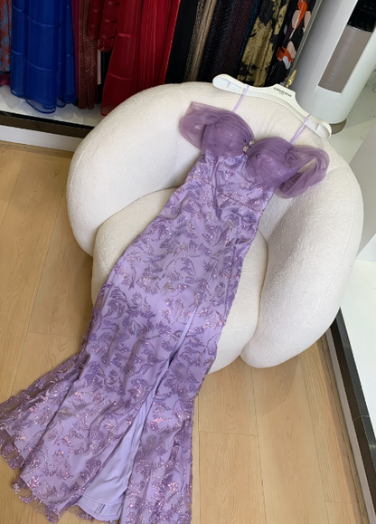 Charmantes lila Meerjungfrau-Pailletten-Jacquard-Satin-langes Ballkleid Abendkleid P4744