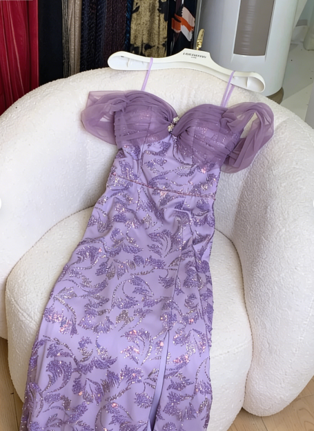 Charmantes lila Meerjungfrau-Pailletten-Jacquard-Satin-langes Ballkleid Abendkleid P4744