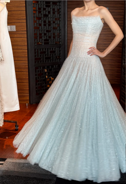 Verträumtes hellblaues trägerloses A-Linien-Kleid aus schimmerndem Tüll, langes Ballkleid Abendkleid P4747